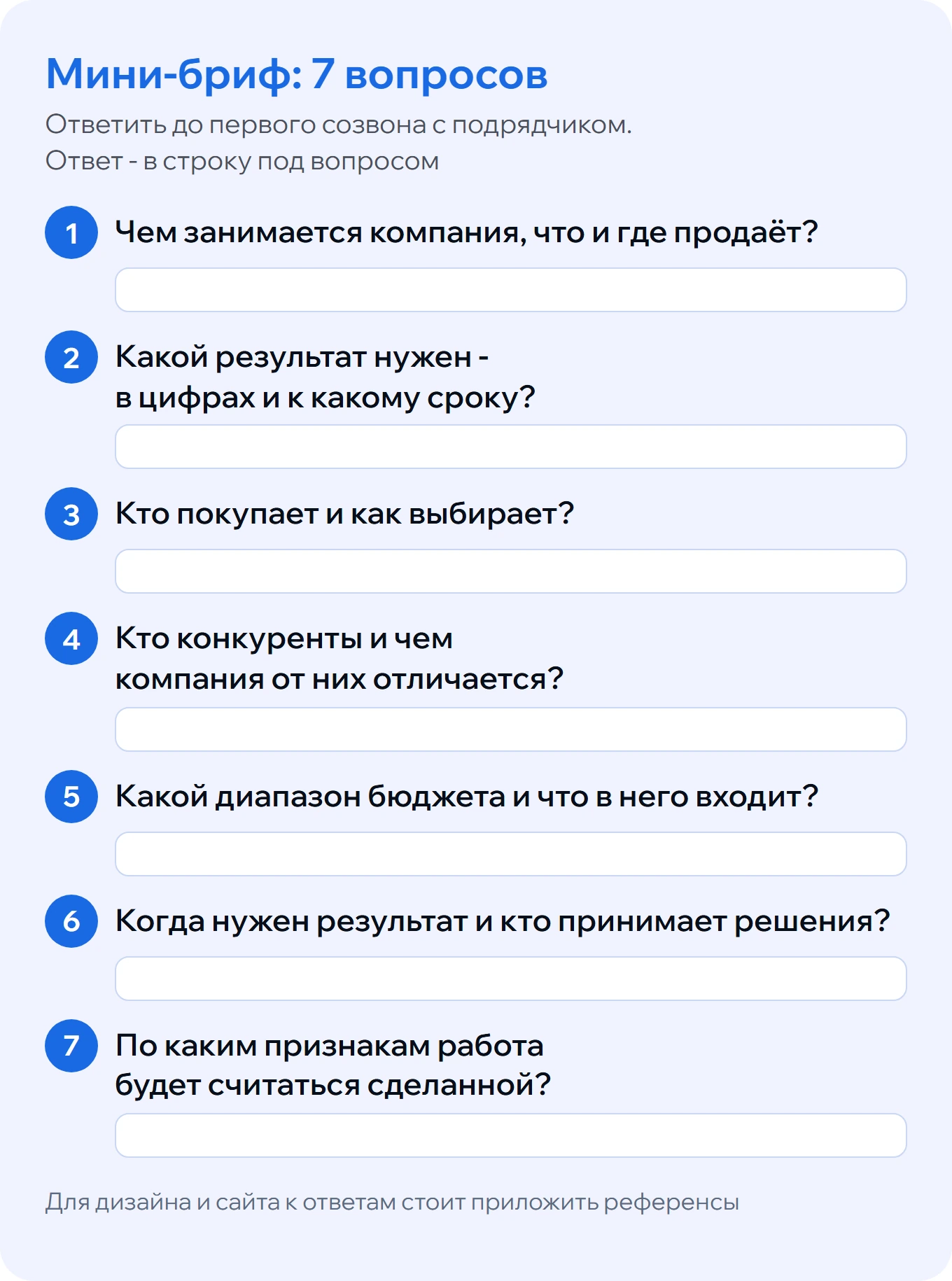 Мини-бриф: 7 вопросов, на которые заказчик отвечает до первого созвона с подрядчиком