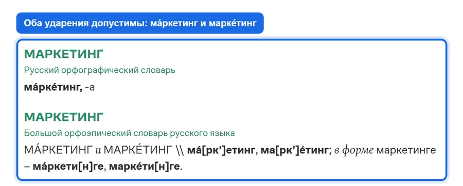 Словари на портале «Грамота.ру»: слово «маркетинг» с двумя допустимыми ударениями