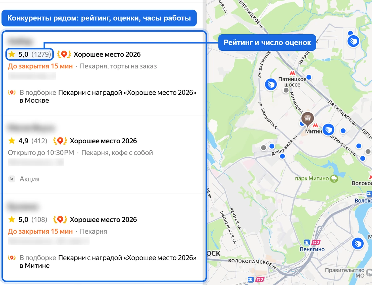 Яндекс Карты по запросу «пекарня митино»: список пекарен с рейтингом, числом оценок и часами работы