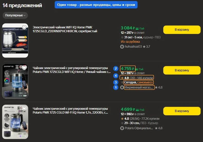 Карточка товара на Яндекс Маркете: предложения нескольких продавцов с разной ценой и сроком доставки