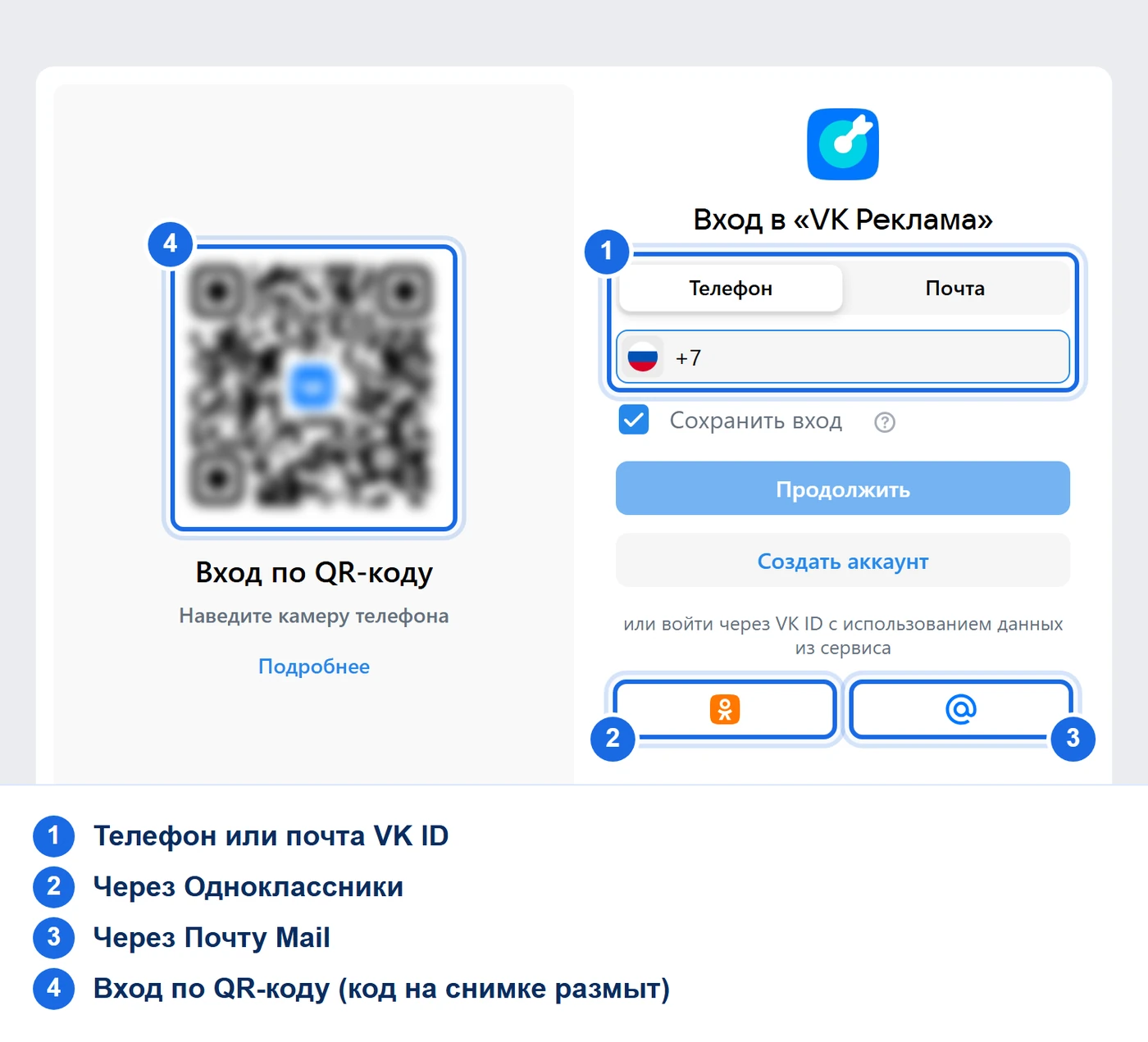 Страница входа в рекламный кабинет ВК: вход по VK ID через телефон или почту, кнопки Одноклассников и Почты Mail, слева вход по QR-коду