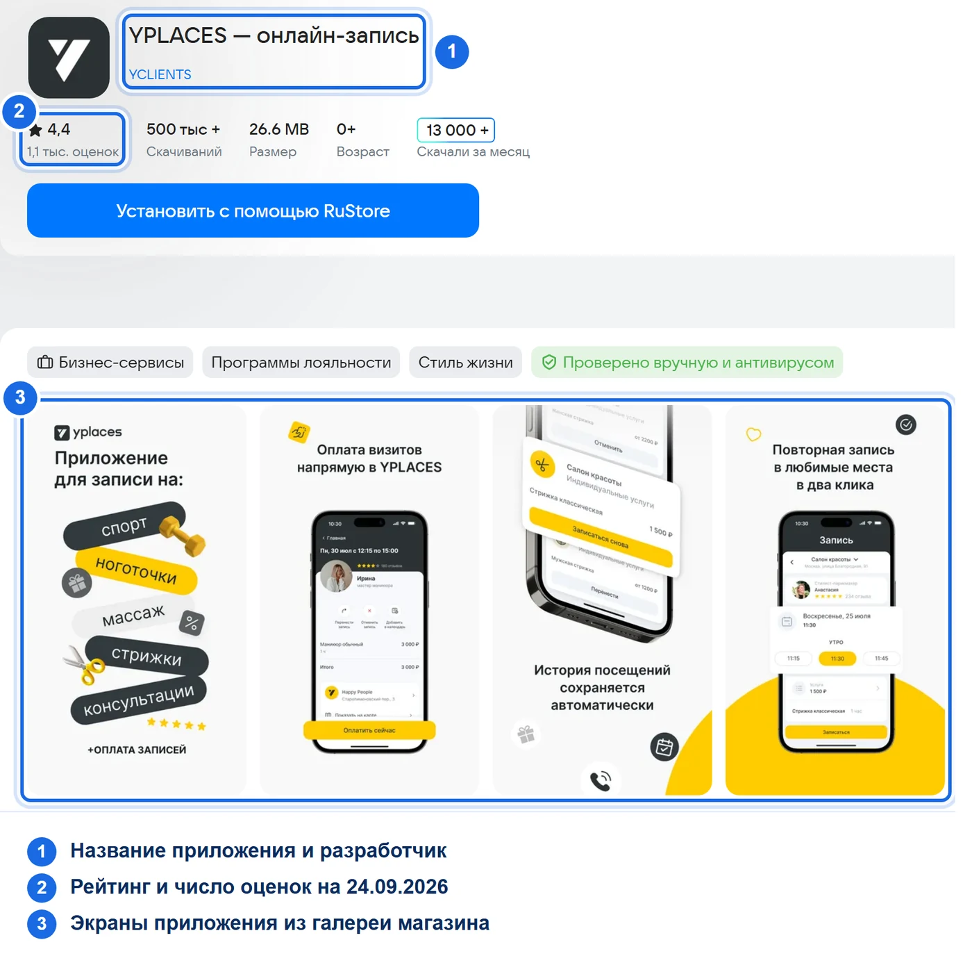 Страница приложения YPLACES в RuStore: разработчик YCLIENTS, оценка 4,4 при 1,1 тыс. оценок и экраны приложения из галереи