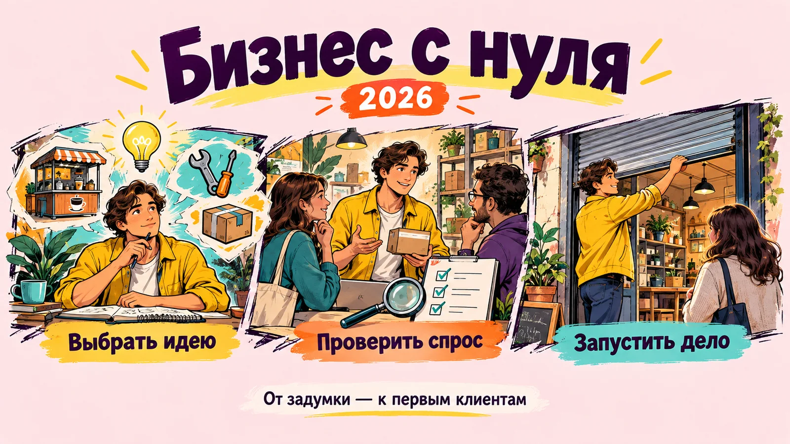 Бизнес с нуля: три шага в комиксе, выбрать идею, проверить спрос и открыть своё дело