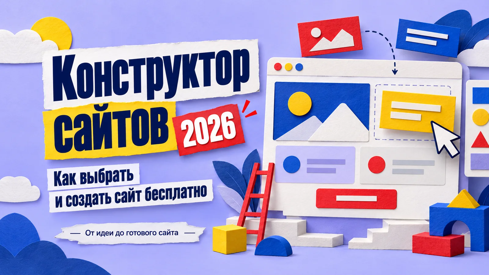 Конструктор сайтов 2026: страница сайта собирается из готовых блоков, бумажная аппликация