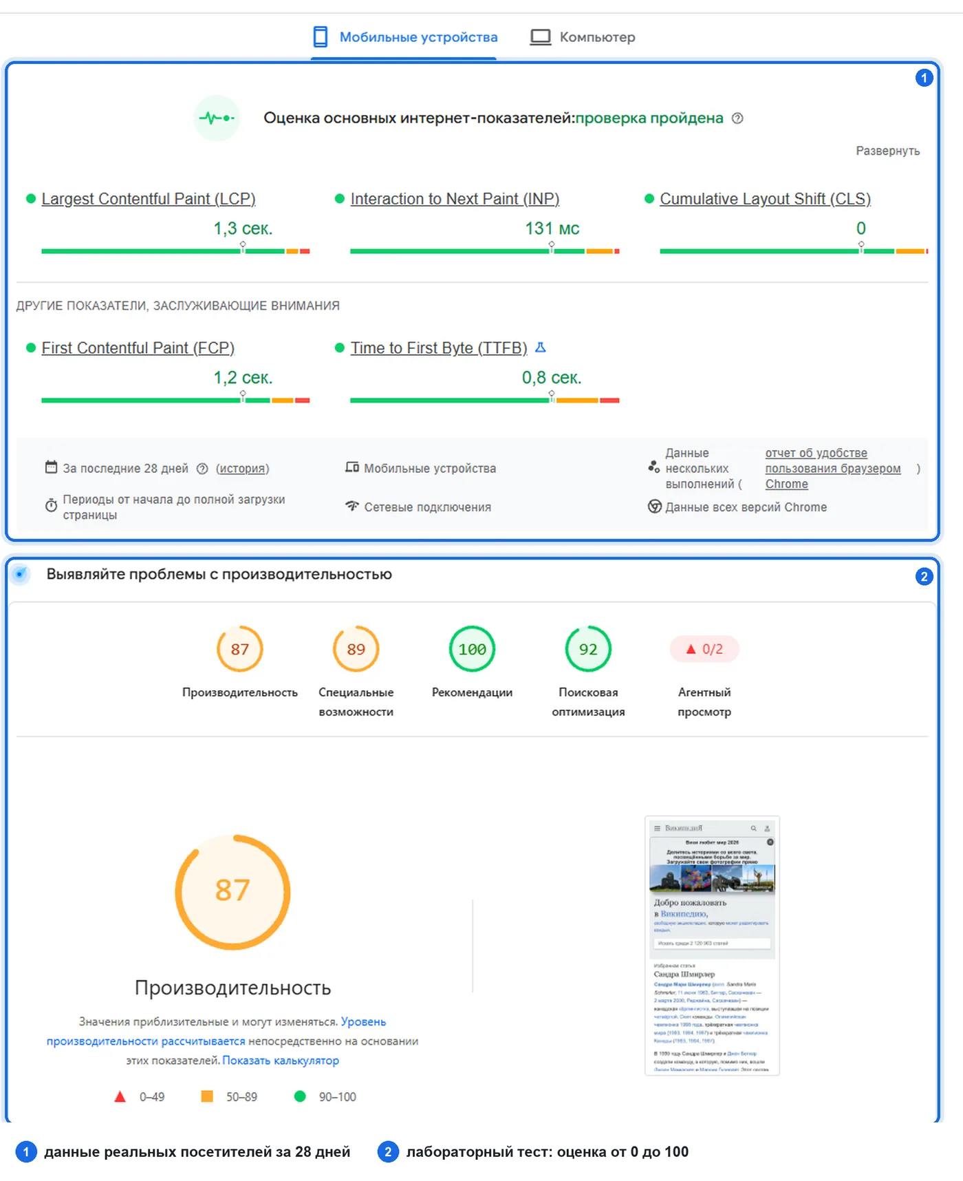 Отчёт PageSpeed Insights для ru.wikipedia.org: сверху данные реальных посетителей за 28 дней, ниже лабораторный тест с оценками от 0 до 100