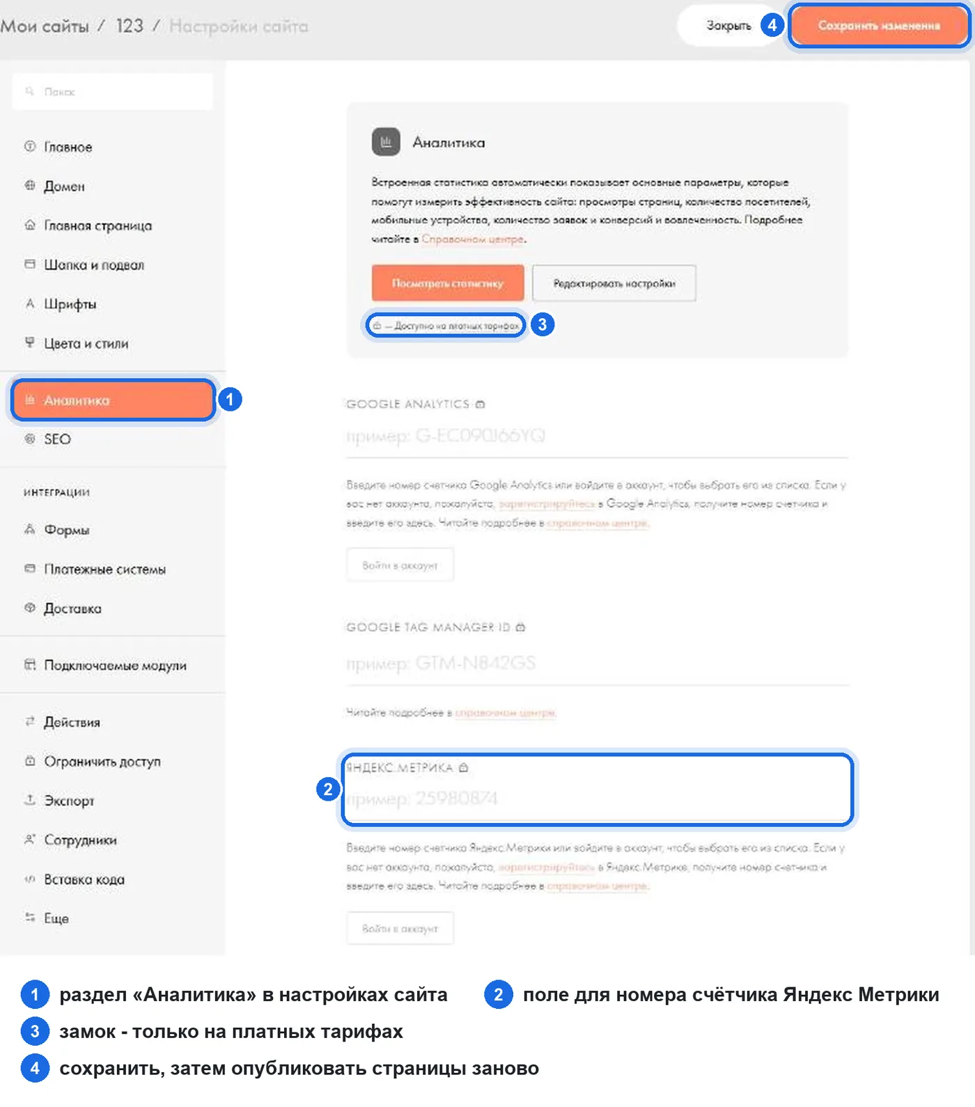 Настройки сайта Tilda, раздел «Аналитика»: поля для Google Analytics, Google Tag Manager и Яндекс Метрики с отметкой платных тарифов