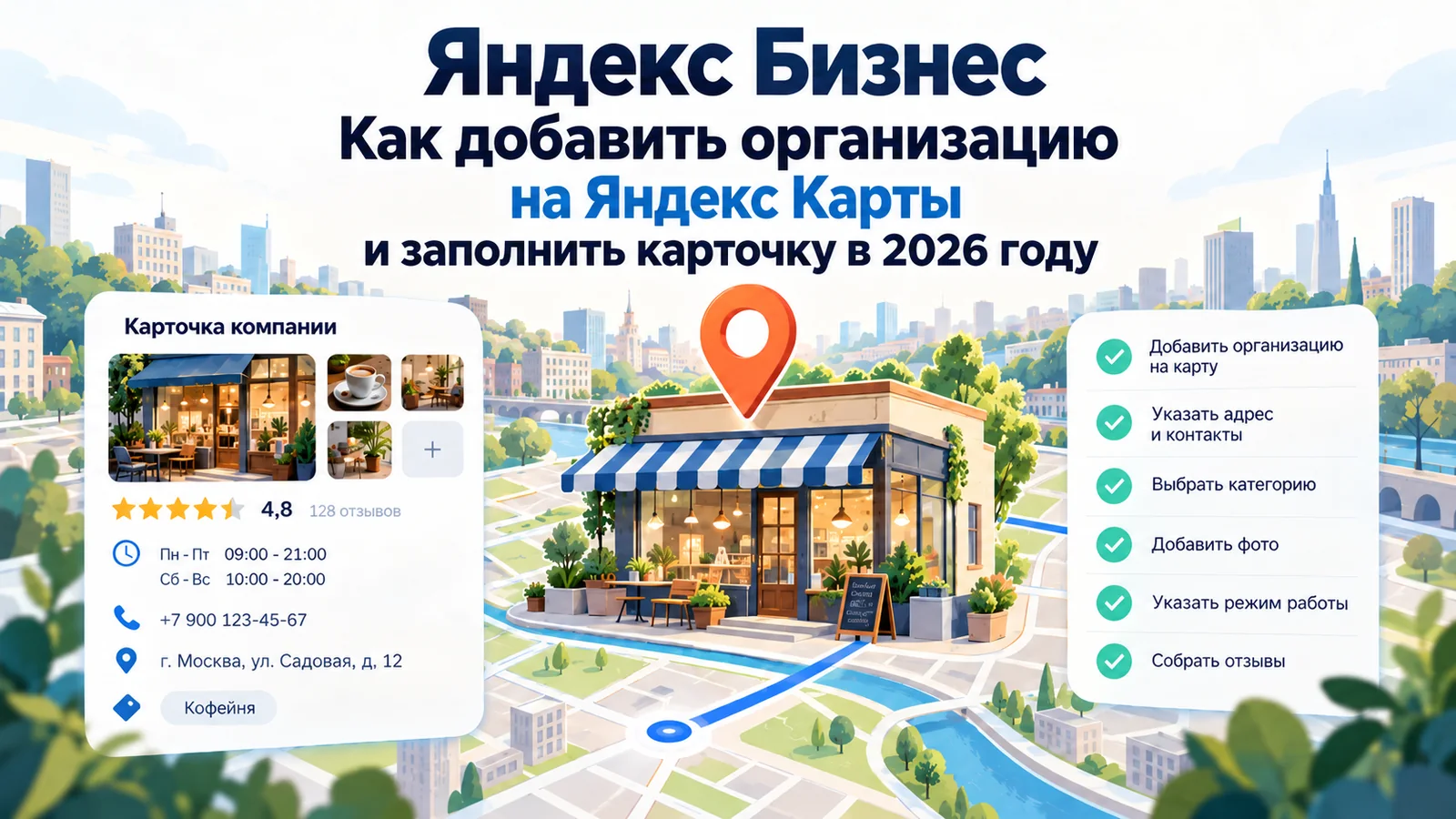 Яндекс Бизнес: карточка кофейни на Яндекс Картах - метка на карте города, рейтинг, фото и чек-лист добавления организации