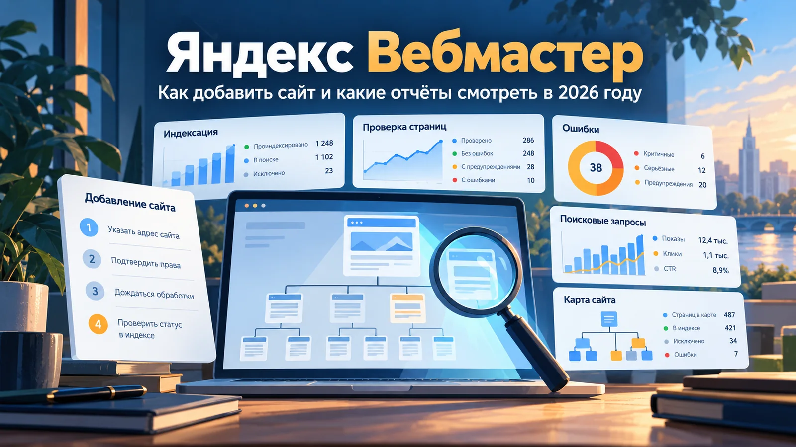 Яндекс Вебмастер: ноутбук на рабочем столе, рядом карточки отчётов об индексации, проверке страниц, ошибках, поисковых запросах и карте сайта