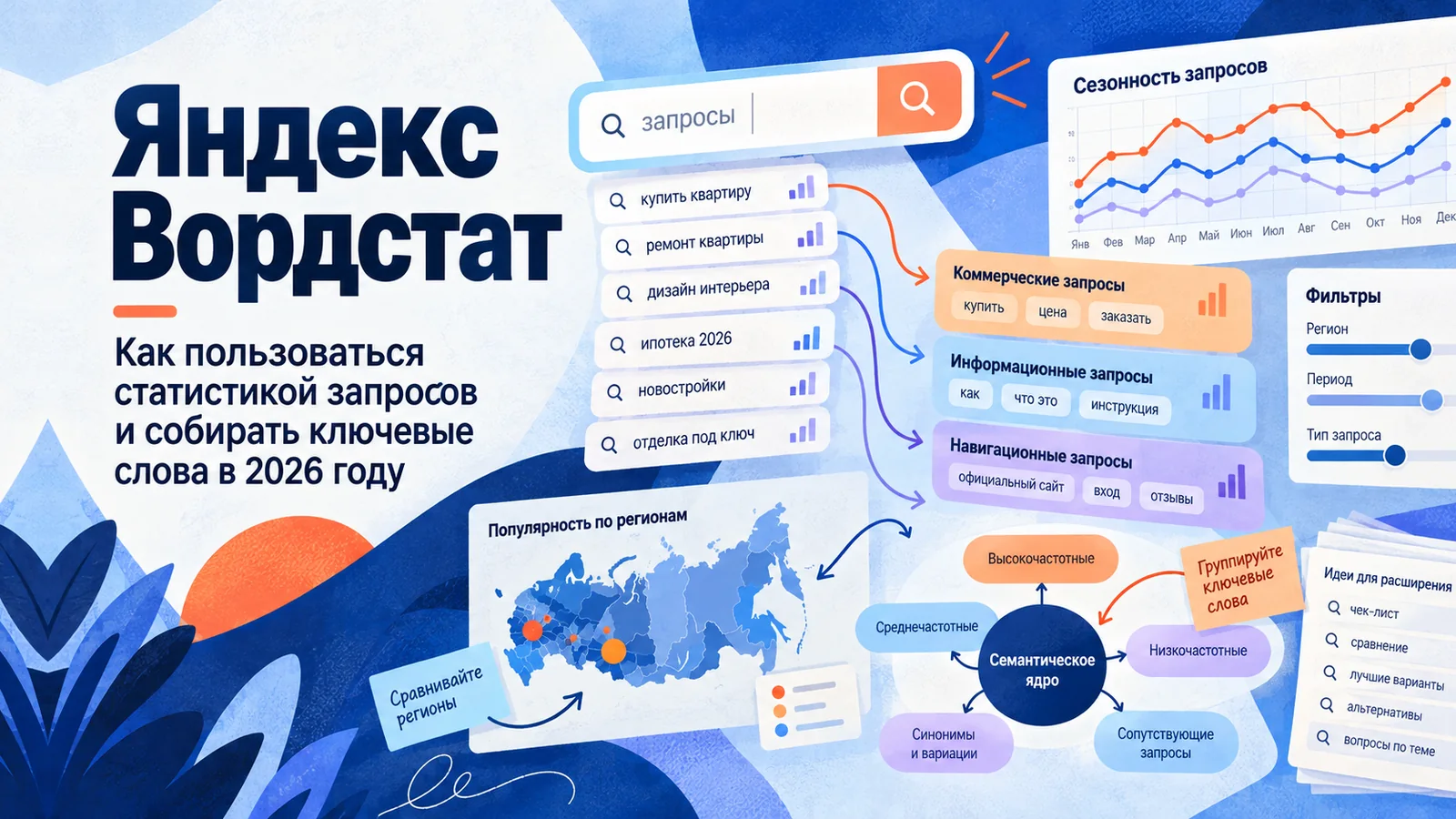 Яндекс Вордстат: поисковые запросы делятся на коммерческие, информационные и навигационные, рядом сезонность, регионы и семантическое ядро